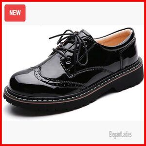 Leather Oxford Shoes for Women, Low Heel Brogues, Perforated Lace-up